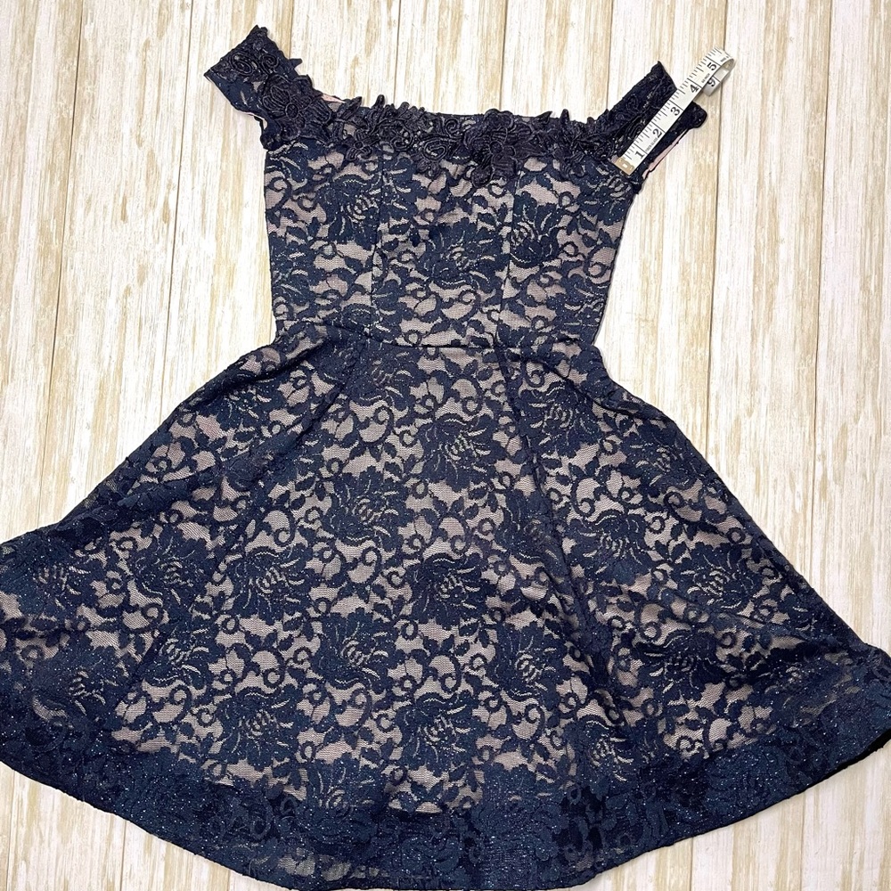 Sequin Hearts Off the Shoulder Navy Short Formal/cocktail Glitter Lace Dress 0 - Picture 5 of 9